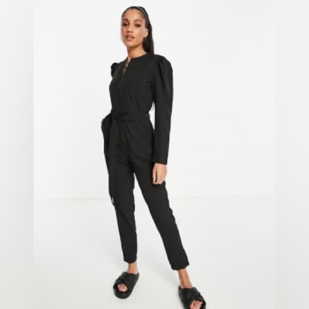 Express cozy jersey jumpsuit long puff sleeves high waisted straight leg pockets
